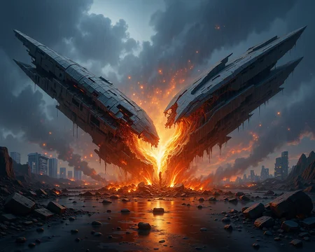 D@m@ge.g1ger In deep space Alien Spaceship, Aliens in panic, Photo of a galactic spaceport breaking in two parts, damage, explosion, destruction. Heavy destruction, rainy day, detailed, sharp, bright, colorful,