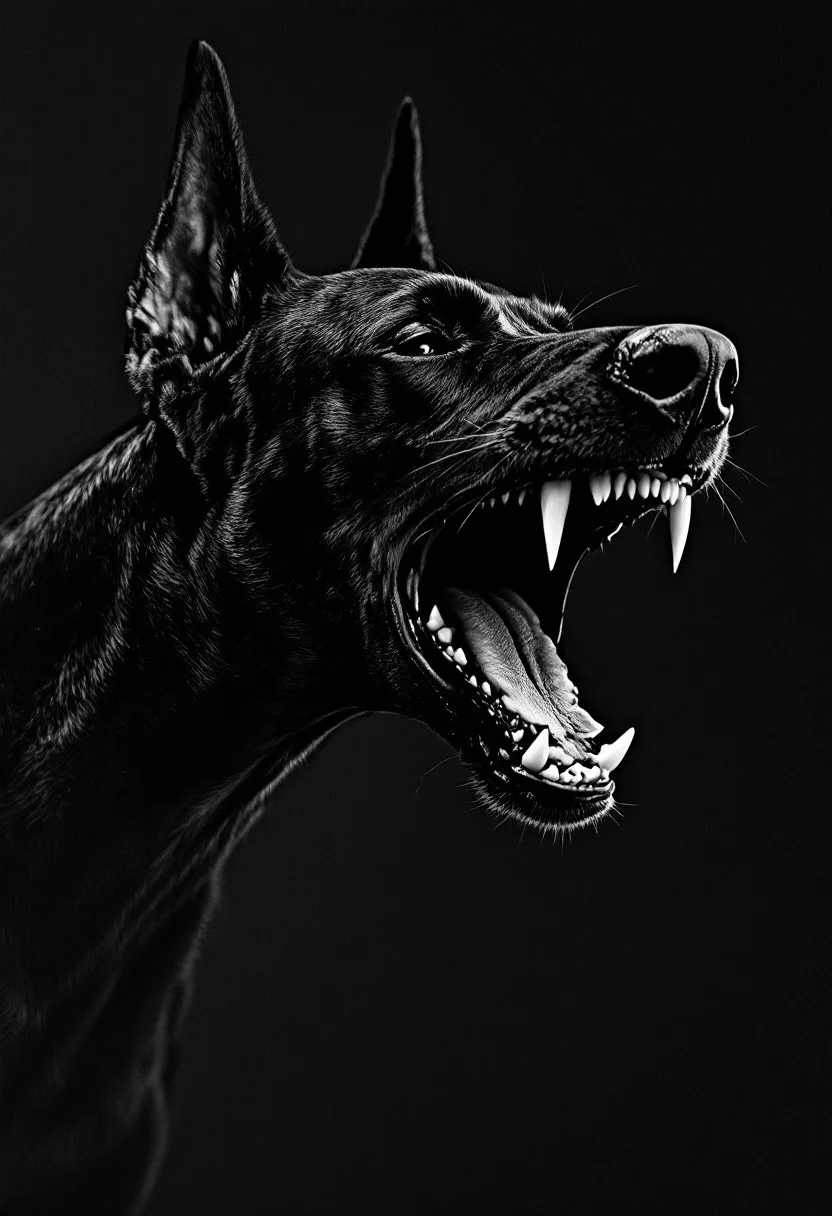 Black Doberman snarling viciously, no background IN simple BLACK WHITE WOODBLOCK PRINT