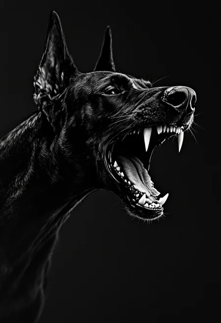 Black Doberman snarling viciously, no background IN simple BLACK WHITE WOODBLOCK PRINT