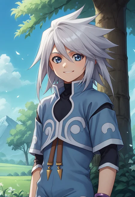 score_9, score_8_up, score_7_up, source_anime, highly detailed,
genis, solo, male focus, 1boy, long hair, smile, shirt, shorts, jacket, black shirt, blue jacket, standing, looking at viewer, bracelet, jewelry, silver hair, upper body, blue eyes,
outdoor, sky, tree,