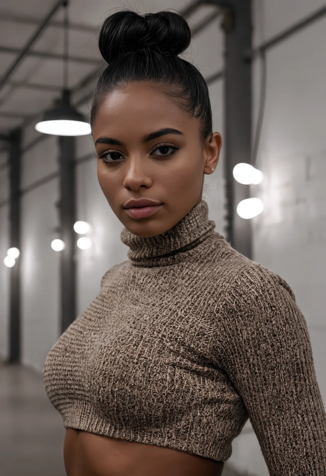 sdxl_lenruadi, cinematic photograph photo, wearing a turtleneck, eyeliner, makeup, perfect high bun hair, with overhead warehouse lighting, gritty industrial style with utilitarian fashion and raw textures