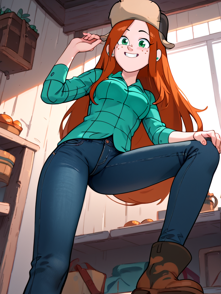 Score_9, score_8_up, score_7_up, score_6_up, low angle, 
1girl, wendy, long hair, orange hair, green shirt, freckles, fur hat, breasts,  looking at viewer, jeans, <lora:WendyCorduroyPony1.0:1>