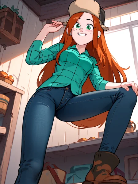 Score_9, score_8_up, score_7_up, score_6_up, low angle, 
1girl, wendy, long hair, orange hair, green shirt, freckles, fur hat, breasts,  looking at viewer, jeans, <lora:WendyCorduroyPony1.0:1>
