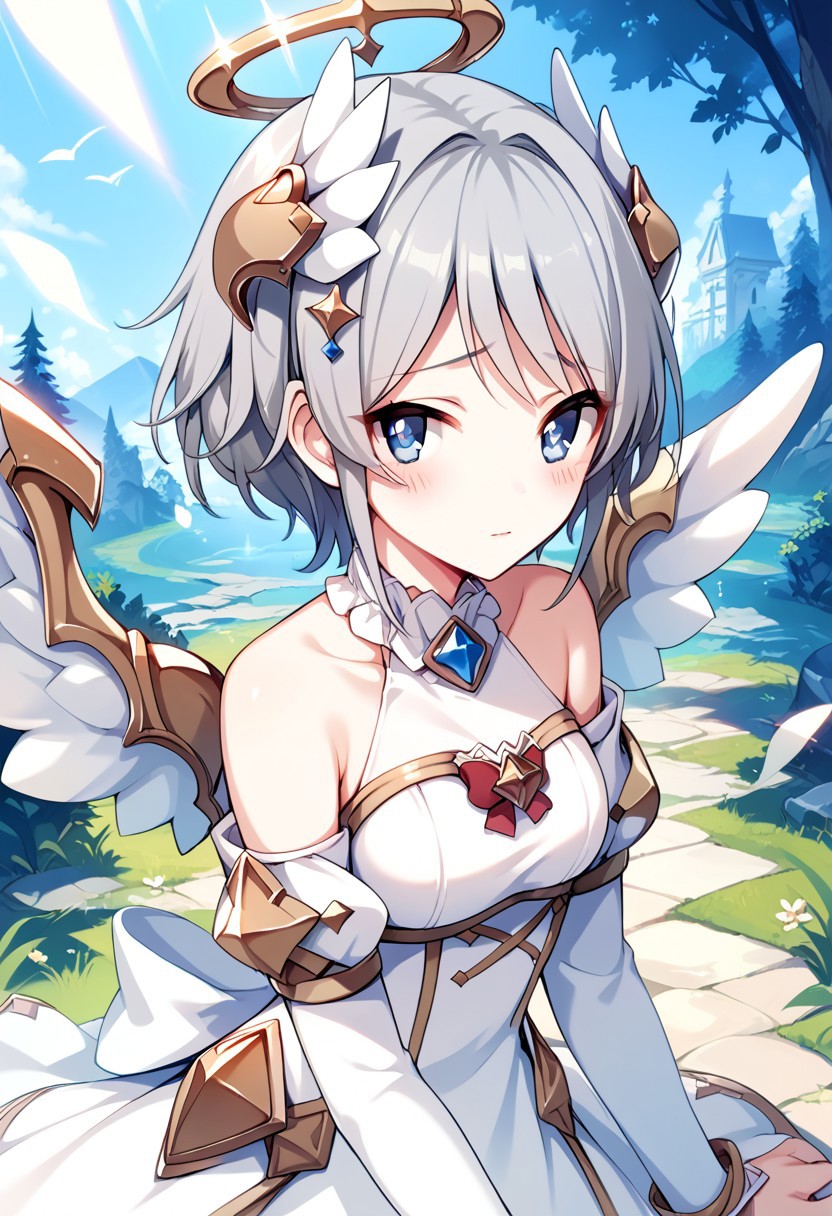score_9, score_8_up, score_7_up, source_anime,YORI (ANGEL), 1girl, solo, looking at viewer, blush, short hair, blue eyes, hair ornament, bare shoulders, grey hair, wings, wing hair ornament