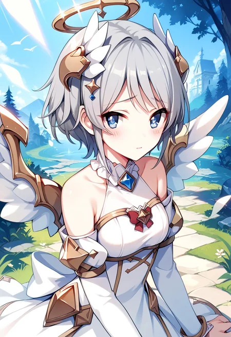 score_9, score_8_up, score_7_up, source_anime,YORI (ANGEL), 1girl, solo, looking at viewer, blush, short hair, blue eyes, hair ornament, bare shoulders, grey hair, wings, wing hair ornament