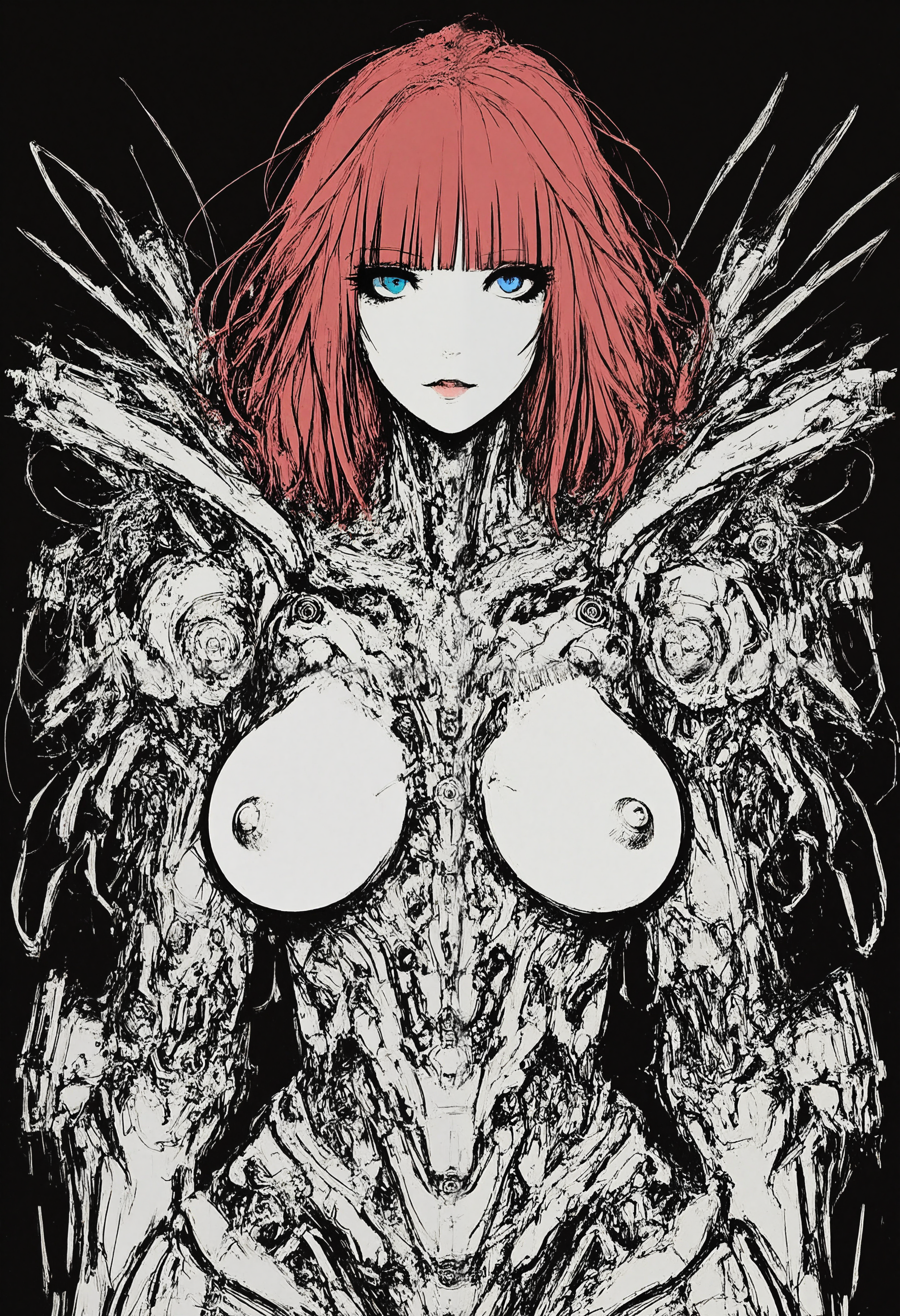 rough sketch, messy lineart, monochromatic, flat color, 1girl, mature, beautiful face, long red hair, blunt fringe, bangs, detailed blue eyes, medium breasts, metal nipples, curvy, thin waist, cyborg, black background