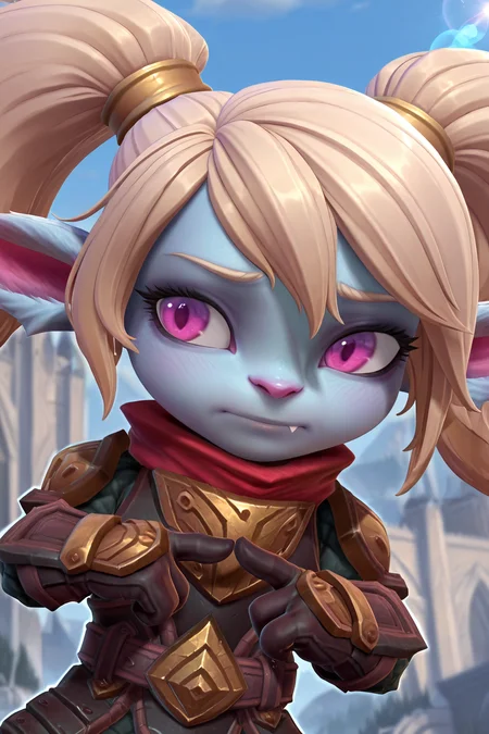 <lora:OMS_Poppy:1> 2d, anime screencap, 1girl, solo, oms_poppy, furry, yordle, big head, single fang, pink eyes, blue fur, pigtails, colored skin, pointy ears, animal ears, armor,
looking away, embarrassed,
amazing quality,very aesthetic,absurdres,newest, BREAK depth of field, blurry background, dutch angle, dynamic angle, white outline, lens flare,
outdoors,
upper body, index fingers together