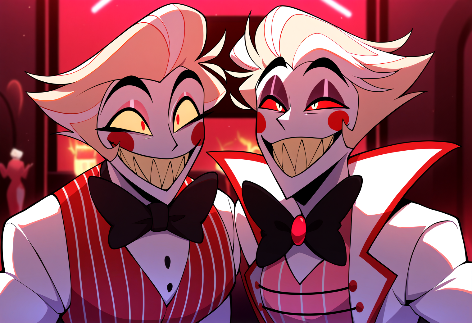very awa, masterpiece, best quality, year 2024, newest, highres, absurdres, <lora:age_slider_v4:3> <lora:thicc_v1.4-pony:1.2>,detailed_background,indoors,teeth,hazbin hotel,demon boy,2boys,lucifer morningstar \(hazbin hotel\),blush stickers,smile,canggou00952,black bowtie,hair slicked back,bow,black bow,sharp teeth,bowtie,highres,suit,grin,formal clothes,multiple boys