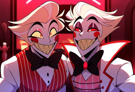 very awa, masterpiece, best quality, year 2024, newest, highres, absurdres, <lora:age_slider_v4:3> <lora:thicc_v1.4-pony:1.2>,detailed_background,indoors,teeth,hazbin hotel,demon boy,2boys,lucifer morningstar \(hazbin hotel\),blush stickers,smile,canggou00952,black bowtie,hair slicked back,bow,black bow,sharp teeth,bowtie,highres,suit,grin,formal clothes,multiple boys