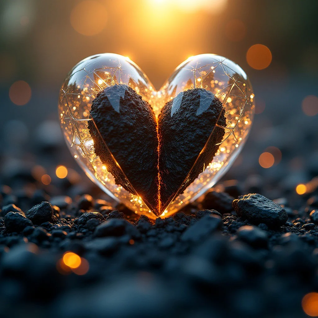 Close-up shot of a shattered glass heart, bisected along its central axis, revealing a dark, ominous core. Soft, golden light pours down from above, bathing the scene in a warm, ethereal glow. The surrounding environment is a blurred haze of black lava and ash, adding depth and mystery to the composition. The level of detail is meticulous, with each shard of glass and every texture rendered in high definition.