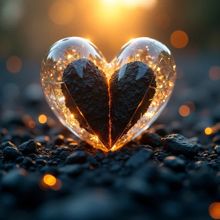 Close-up shot of a shattered glass heart, bisected along its central axis, revealing a dark, ominous core. Soft, golden light pours down from above, bathing the scene in a warm, ethereal glow. The surrounding environment is a blurred haze of black lava and ash, adding depth and mystery to the composition. The level of detail is meticulous, with each shard of glass and every texture rendered in high definition.
