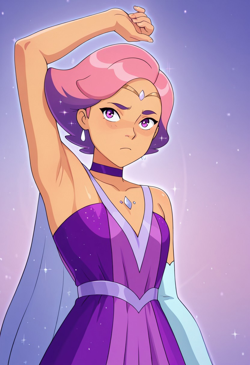 vibrant anime image, masterpiece, colourful, CHGlimmer, GlimHair, PBDress, armpit, one arm up