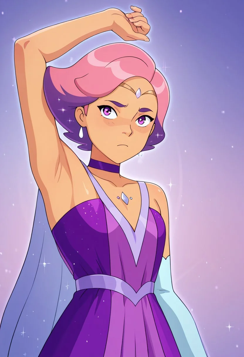vibrant anime image, masterpiece, colourful, CHGlimmer, GlimHair, PBDress, armpit, one arm up