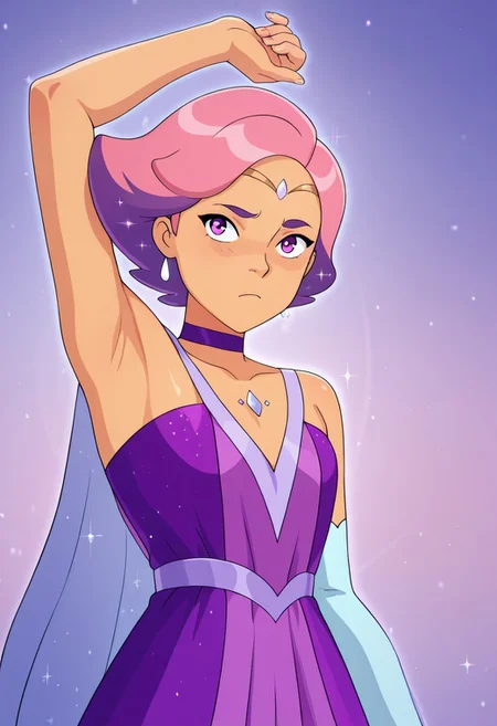 vibrant anime image, masterpiece, colourful, CHGlimmer, GlimHair, PBDress, armpit, one arm up