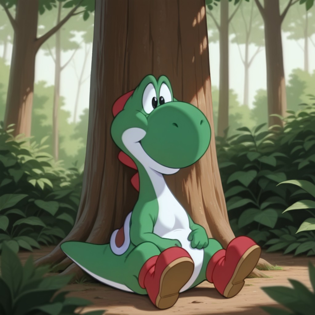 masterpiece, best quality, amazing quality, YoshiSMWil, feral, male, dinosaur, green skin, black eyes, red shoes, sitting, under a tree, in forest, <lora:13cc8cd9-a879-4f80-9159-7800ca5aaf7f:1.0>
