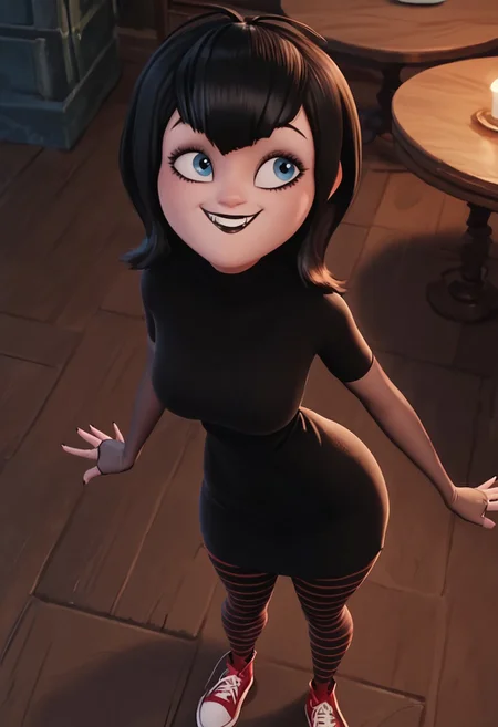 score_9, score_8_up, score_7_up, ultra quality, solo, 1girl, black hair, short hair, blue eyes, fangs, black lips, black nails, black dress, grey elbow gloves, striped pantyhose, red sneakers, smug smile, hips focus, breasts, big hips, big butt, bubble butt, curvy, narrow waist, standing, looking to the viewer, view from above, close up, screencap
