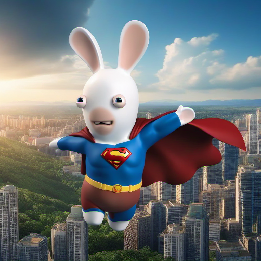 LapinsCrétins1024, a  rabbit as superman fying ove a city,  forest ,highly detailed, attack on titan, photography, ultra sharp, film, professional, 64k  <lora:LapinsCrétins1024:0.8>
