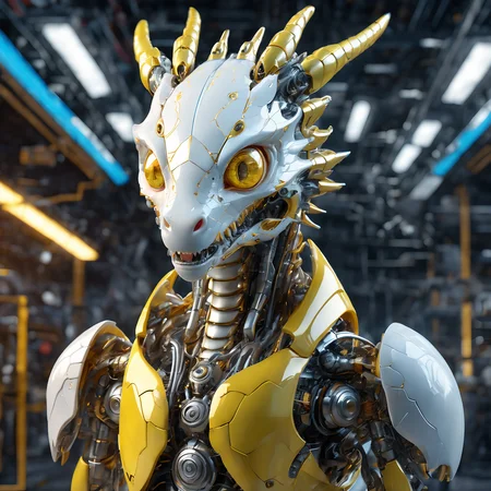 full body complex render ultra detailed of a beautiful porcelain cracked adorable android cute dragon,cyborg,robotic parts,150mm,beautiful studio soft light,rim light,vibrant details,luxurious cyberpunk,hyperrealistic,anatomical,cable electric wires,microchip,elegant,beautiful background,octane render,iridescent yellow,masterwork by head of prompt engineering,<lora:add-detail-xl:1.23>,