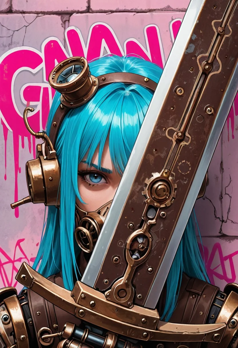 SmoothNoob_Quality, steampunk. 1girl, pink accent, portrait, graffiti art, neon blue hair, (holding a mechanical wide sword up to face, covering half of face with sword), giant mechanical sword, rust sword, pink graffiti wall background, very close up, <lora:Smooth_SteamPunk:0.5>