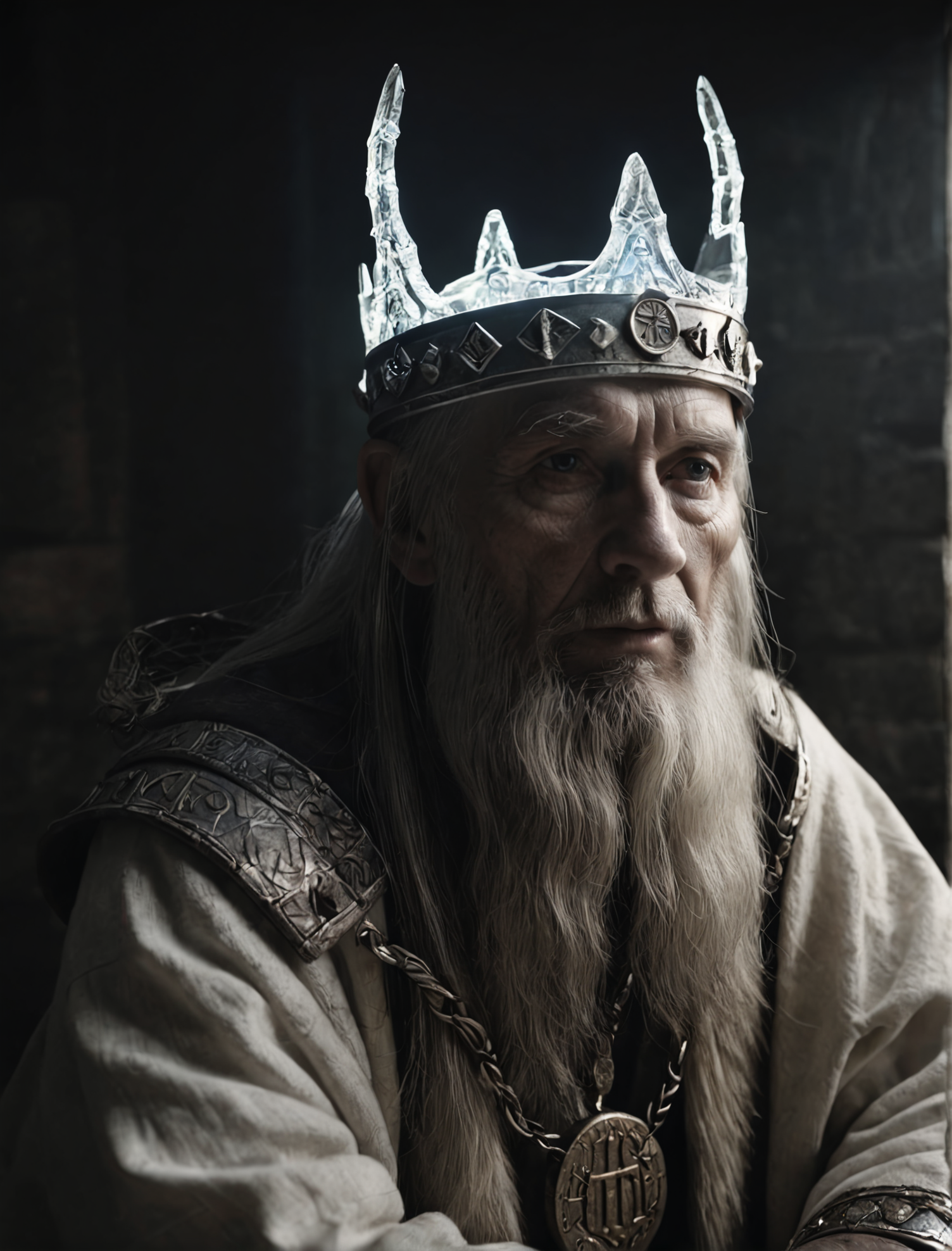 face shot, old king, Photo, masterpiece, absurdres, dark atmosphere, glowing runes
