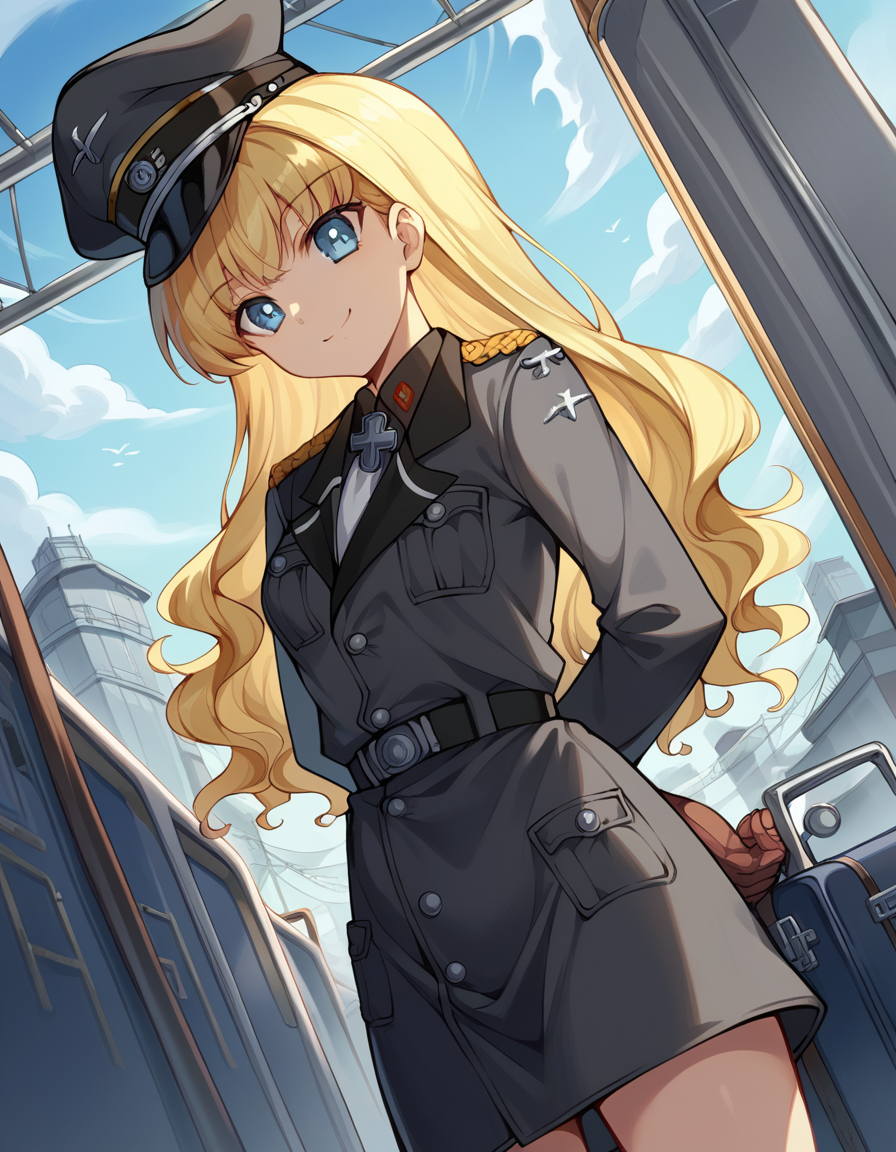 score_9, score_8_up, score_7_up, source_anime, <lora:retia-adolf-ponyxl-lora-nochekaiser:1>, retia adolf, blue eyes, blonde hair, wavy hair, bangs,, gloves, hat, military uniform, peaked cap, zettai ryouiki,, train station, waiting for train, suitcase, traveling, commute, city skyline, hands behind back,, , looking at viewer, smile, from below, solo,, cowboy shot, dutch angle
