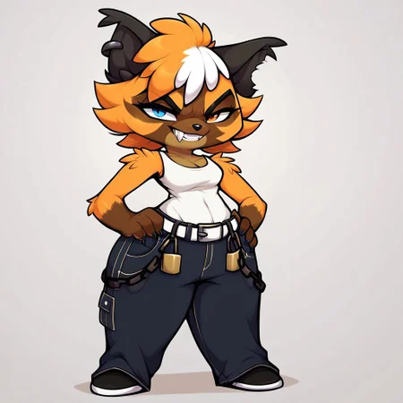 score_9, score_8_up, score_8, score_7, source_cartoon, SUEY(PTS), solo, 1girl, anthro, furry female, wolverine, badger, hybrid, orange and brown fur, two-toned fur, orange and white hair, two-toned hair, short hair, black ears, Heterochromia, shortstack, full body, looking at viewer, white tank top, white belt, black jeans, evil grin, fangs, standing, hands on hips, white background,