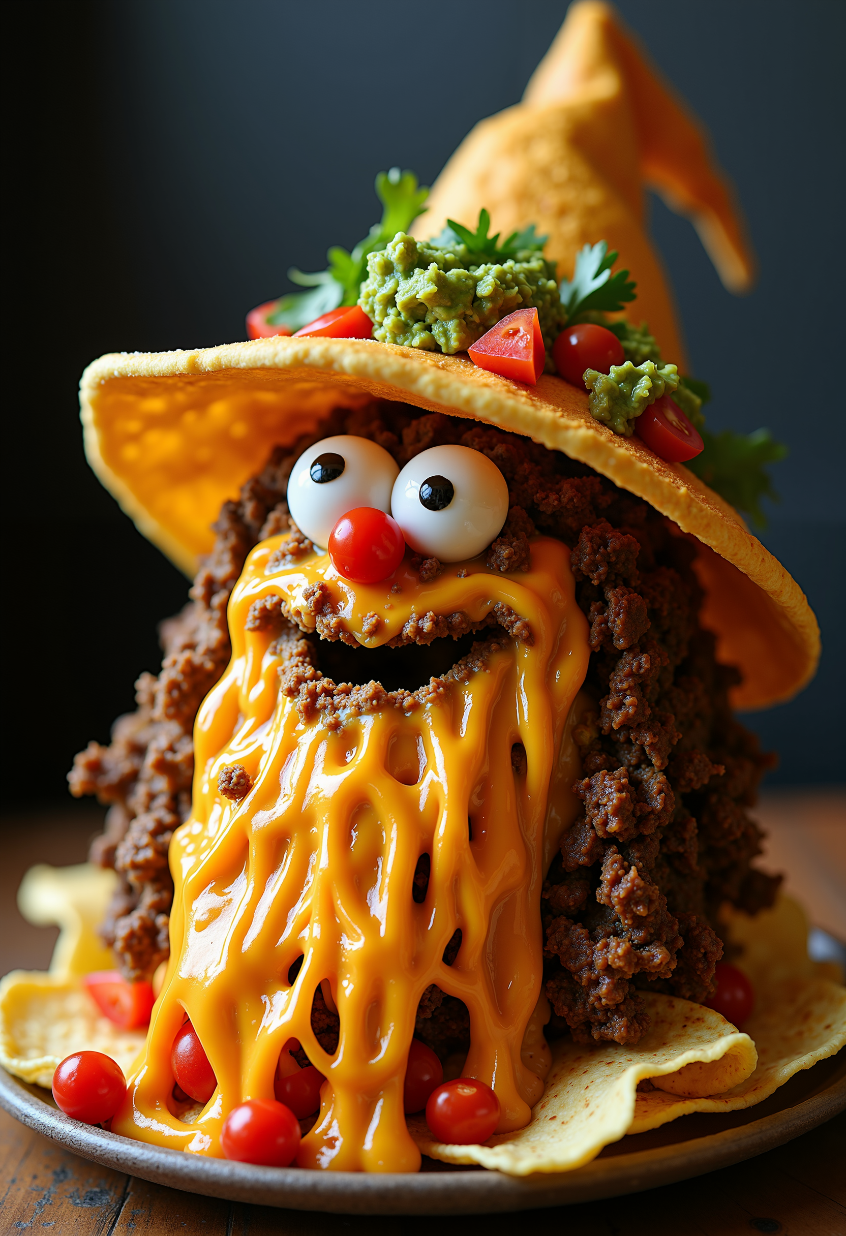 smiling wizard made of nachos with Practical Window Light, nacho wizard hybrid, gooey free flowing creamy, smooth, melty, and slightly gooey nacho cheese and ground beef and diced tomato, long ground beef beard with guacamole facial features with dollops of sour cream as eyeballs with ground beef pupils emerging, Crunchy, food advertisement photography, jalapeno peppers, cilantro, body parts made of nacho, tortilla chips, steam coming off nacho cheese, melted cheese, Top Lighting, OlympusOM-DE-M1X-150-400mmf/4.5TC1.25xISPRO, reverse angle, Unique, high resolution, Gorgeous, well-lit,