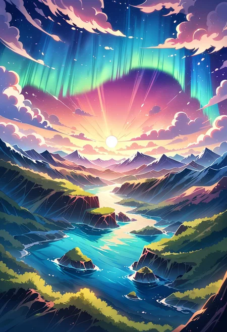 masterpiece, best quality, high quality, intricate, absurdres, very aesthetic,
no humans, landscape, outdoors, mountain tops, wind, windy, wind lines, clouds, above clouds, cliff, wind magic, aurora,
ultra wide angle shot, cinematic style, highly detailed, extremely detailed, sharp detail, majestic, shallow depth of field, movie still, soft light, circular polarizer, colorful, wallpaper, professional illustration, anime