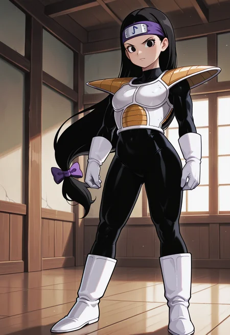 Tsch, 1girl, black hair, low-tied long hair, black eyes, purple bow, forehead protector, white saiyan armor, shoulder pad, black bodysuit, white gloves, white boots, muscular, looking at viewer, indoors, best quality, very aesthetic, masterpiece,