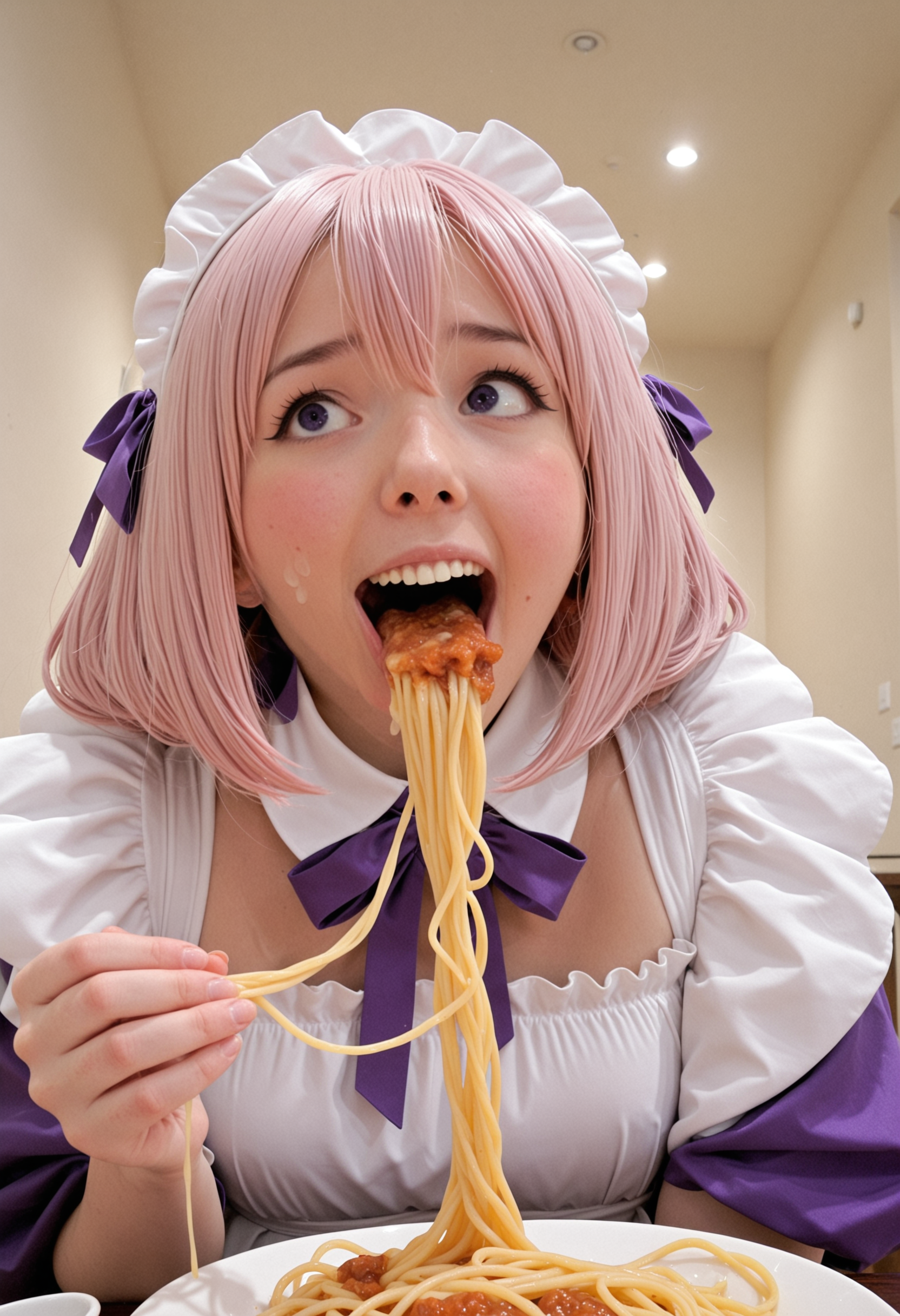 1girl, civchan, solo, (eating spaghetti), spaghettie hanging from mouth, slurping, Kawaii, wholesome, cute, adorable, blush, sitting at table, nom nom nom, fangs, uwu, excited, happy, ecstatic, giggling, giddy, indoors, purple ribbon, puffy sleeves, Dynamic angle, best quality <lora:CivChan_noCap:1>