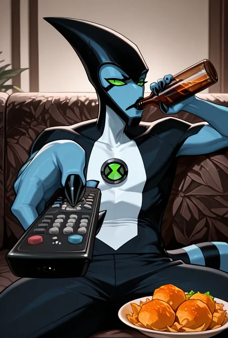 <lora:xlr8-08:1> xlr8, solo, green eyes, blue skin, black lips, stripped tail, 1boy, black mouth strip,, detailed background, black claws, <lora:ManWatchingTVMeme_illusXLNoobAI_Incrs_v1:1> sitting, holding bottle, holding remote control, controller, on couch, drinking, looking at viewer, food, masterpiece, best quality, amazing quality, very aesthetic, absurdres, newest,
