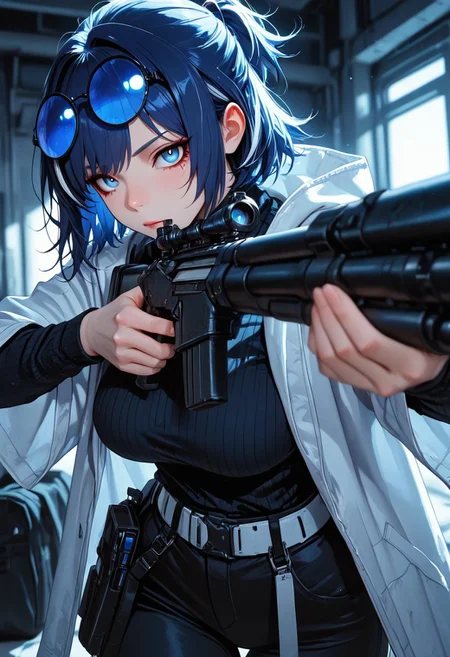 highres, very detailed, amazing quality, masterpiece,
very aesthetic,
particle effect,
1girl, Andreana from Arknights, large breasts, curvy, short hair, streaked hair, blue hair, white hair, short ponytail, blue eyes, round eyewear on eyes, blue-tinted eyewear, white jacket, hooded jacket, hood down, open jacket, layered sleeves, short over long sleeves, black sweater, turtleneck sweater, black pants, white belt, black bag, fanny pack,
Aiming a sniper, holding a sniper rifle, looking at viewer,
Close up, depth of field, ray_tracing, cowboy shot, extreme foreshortening, very aesthetic, cinematic,