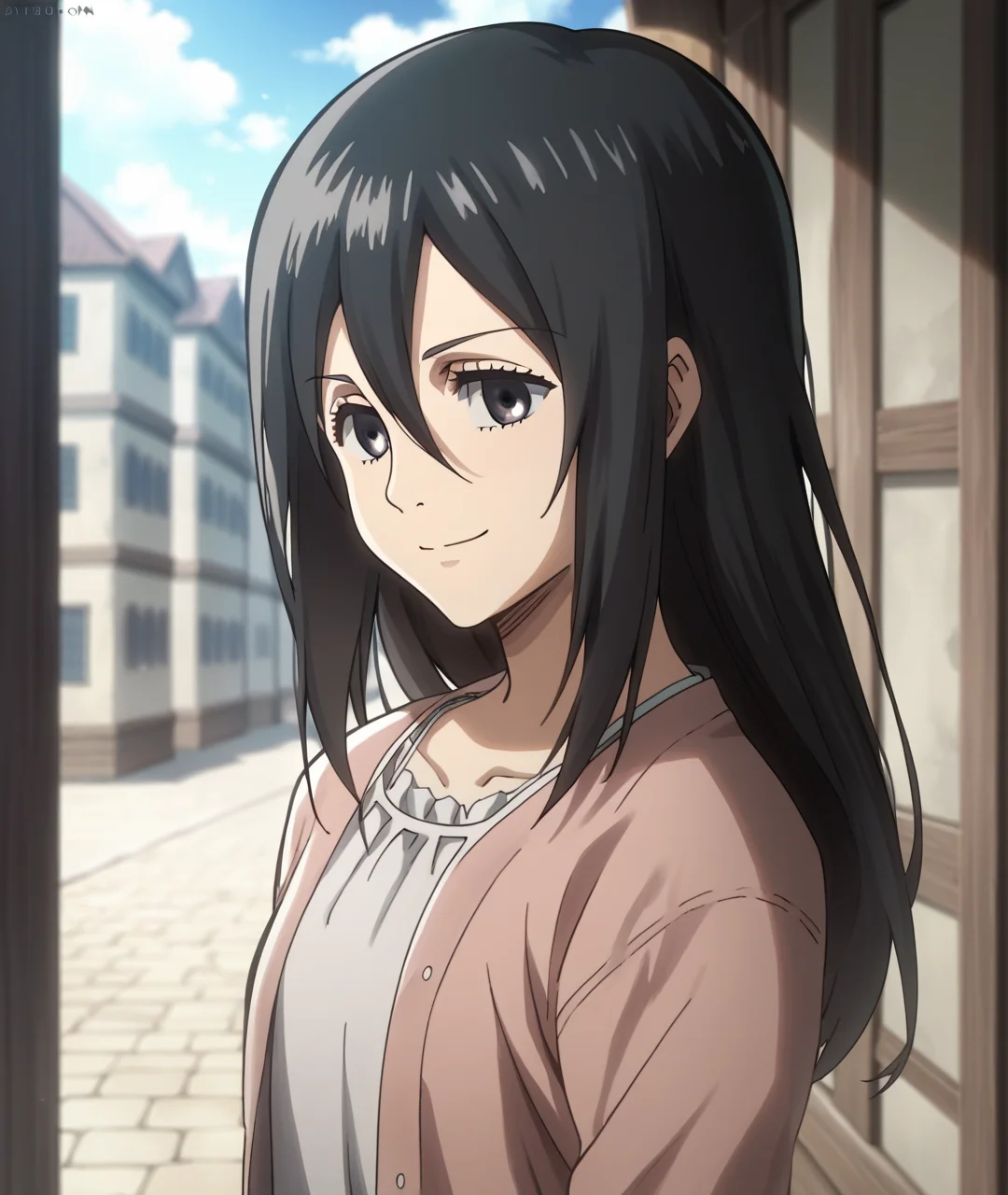 score_9, score_8_up, score_7_up, score_6_up, score_5_up, score_4_up, BREAK source_anime,
<lora:Mikasa Ackerman(child)_PONY:1>,mikasa ackerman\(child\), 1girl, solo, black hair, black eyes, long hair, hair between eyes,pink jacket,white dress,Upper body,smile,Closed mouth