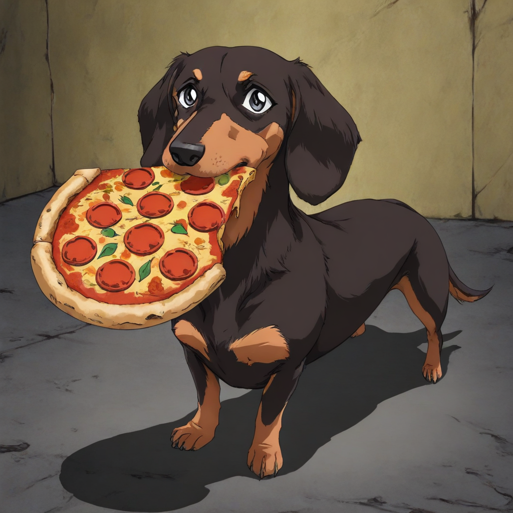 masterpiece, best quality, newest, absurdres, highres, vintage anime, 90s anime, DSV1.1-IL, dachshund, dog, animal focus, animal, DSV1.1-IL-PizzaDog, pizza, food,