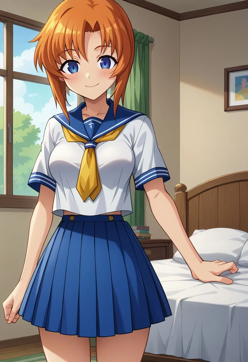 score_9, score_8_up, score_7_up,anime coloring,anime screencap , source_anime, BREAK, 1Girl , Ryuuguu Rena, blue eyes, orange hair, short hair, bedroom, indoors, anime coloring,anime screencap, happy smile, kawaii, medium breasts, thick thighs,serafuku, yellow necklace, white shirt, plastered skirt , indoor