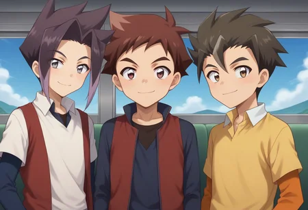 score_9, score_8_up, score_7_up, source_anime, highly detailed, 3boys,
hayato, 1boy, brown hair, male focus, brown eyes, spiked hair, shirt, white shirt, stripe, blue stripe, long sleeves, blue sleeves, BREAK
akita, 1boy, male focus, black hair, bangs, multicolored hair, purple hair, black shirt, grey eyes, crimson t-shirt, red vest, long sleeves, BREAK
tsuranuki, 1boy, male focus, shirt, pants, blue pants, brown eyes, spiked hair, long sleeves, yellow shirt, orange sleeves, collared shirt, BREAK
outdoor, train, shinkansen, sky,
posing for a photo, smile, v sign, friends,