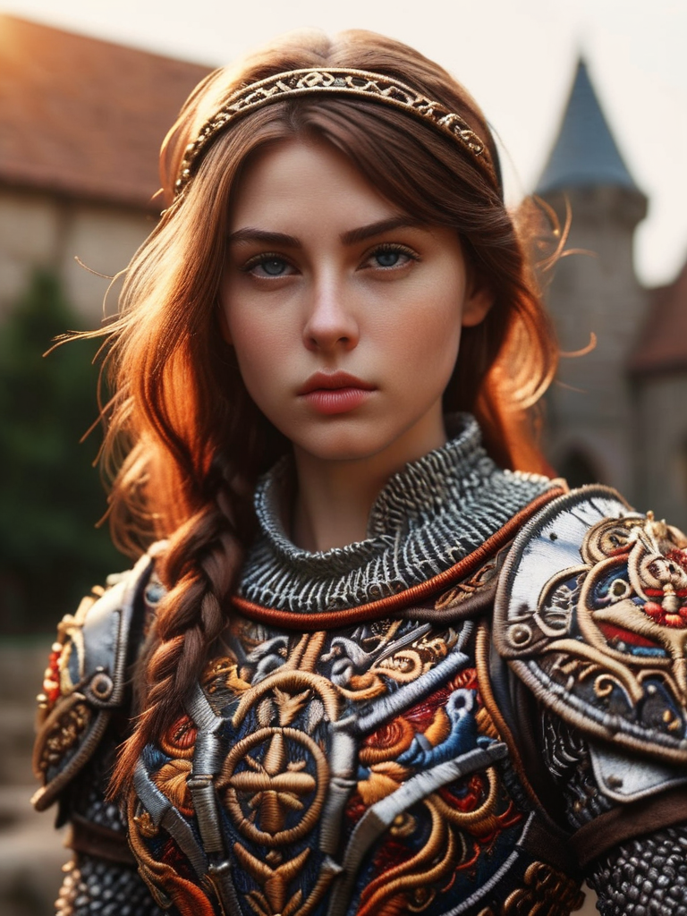 (masterpiece), (extremely intricate:1.3), (realistic), portrait of a girl, the most beautiful in the world, (medieval armor), metal reflections, upper body, outdoors, intense sunlight, far away castle, professional photograph of a stunning woman detailed, sharp focus, dramatic, award winning, cinematic lighting, octane render unreal engine, volumetrics dtx, (film grain, blurry background, blurry foreground, bokeh, depth of field, sunset, motion blur:1.3), chainmail <lora:ral-embroideredpatch:1> ral-embroideredpatch