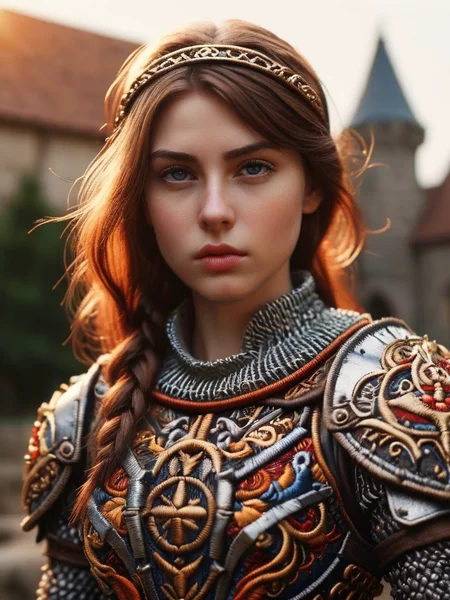 (masterpiece), (extremely intricate:1.3), (realistic), portrait of a girl, the most beautiful in the world, (medieval armor), metal reflections, upper body, outdoors, intense sunlight, far away castle, professional photograph of a stunning woman detailed, sharp focus, dramatic, award winning, cinematic lighting, octane render unreal engine, volumetrics dtx, (film grain, blurry background, blurry foreground, bokeh, depth of field, sunset, motion blur:1.3), chainmail <lora:ral-embroideredpatch:1> ral-embroideredpatch