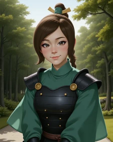 Semi-Realistic digital illustration Style in a wide shot. Looking at viewer, outdoors in daylight, 18 year old woman, Flattered with a rosy blush, a shy smile, and eyes looking down in modesty.
 <lora:AirBender_-_Ty_Lee_v2-000040:1> ab-tylee, brown hair and gray-brown eyes, ponytail
black japanese armor, kyoshi white face makeup, long sleeves, green dress, golden pin through hair