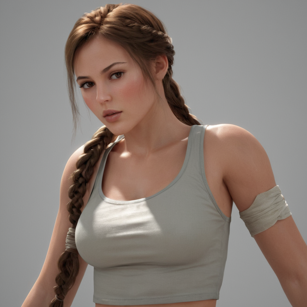 cinematic film still of  <lora:Lara Croft Tomb Raider:0.9> <lora:Unreal Engine style:0.6> Unreal Engine style
 <lora:TeethXL:1> perfect lips
Lara Croft Tomb Raider a woman with a cute face and a shirt on,1girl,solo,long hair,breasts,looking at viewer,simple background,brown hair,shirt,gloves,white background,navel,bare shoulders,brown eyes,medium breasts,braid,parted lips,midriff,belt,pants,hand up,crop top,single braid,bandages,tank top,freckles,toned,bandaged arm,arm wrap,action themed,adventure themed,cinematic,film still,movie style,detailed gun,detailed,video game style , detailed background, shallow depth of field, vignette, highly detailed, high budget, bokeh, cinemascope, moody, epic, gorgeous, film grain, grainy