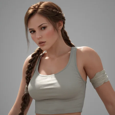 cinematic film still of <lora:Lara Croft Tomb Raider:0.9> <lora:Unreal Engine style:0.6> Unreal Engine style
<lora:TeethXL:1> perfect lips
Lara Croft Tomb Raider a woman with a cute face and a shirt on,1girl,solo,long hair,breasts,looking at viewer,simple background,brown hair,shirt,gloves,white background,navel,bare shoulders,brown eyes,medium breasts,braid,parted lips,midriff,belt,pants,hand up,crop top,single braid,bandages,tank top,freckles,toned,bandaged arm,arm wrap,action themed,adventure themed,cinematic,film still,movie style,detailed gun,detailed,video game style , detailed background, shallow depth of field, vignette, highly detailed, high budget, bokeh, cinemascope, moody, epic, gorgeous, film grain, grainy
