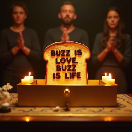 A slice of toasted bread that has burned text reading "buzz is love, buzz is life", inside a golden chest over an altar with lit candles, blurry people in the background praying