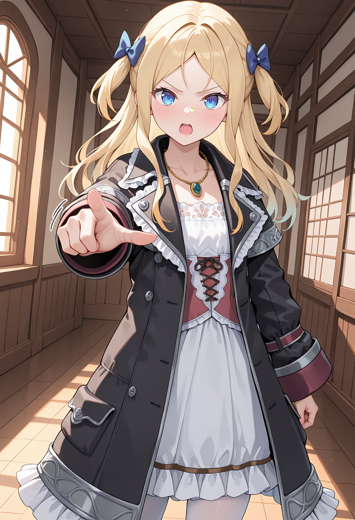 highres, best quality, masterpiece, indoors,
1girl, solo, atcuderia, long hair, blonde hair, hair bow, two-side up, blue bow,
acudrdef, necklace, white dress, red corset, black coat, open coat, white pantyhose,
looking at viewer, blush, serious,
standing, pointing at viewer, open mouth, 
dutch angle, motion lines, 
<lora:_cuderia_atelier-elesico-il10-000013:1>