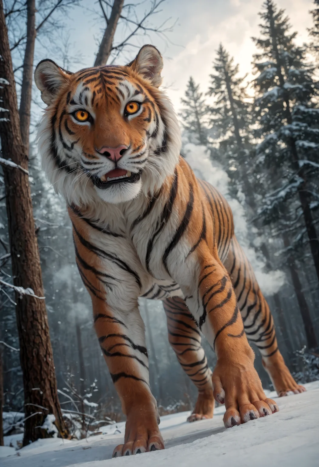 score_9, score_8_up, score_7_up, (masterpiece, best quality, ultra-detailed, realistic), A hyper-detailed tiger in a snowy forest, its fur frosted with ice, glowing amber eyes, and steam rising from its breath, dynamic angle, dynamic pose
