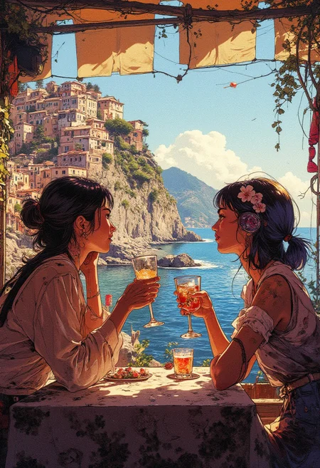 A digital illustration of two women enjoying an afternoon aperativo beverage. They sit casually at a table which overlooks the a small sea-side cyberpunk town inspired by the italian coastline of Cinque terre. the atmosphere is friendly and intimate. Neither companions feel the need to converse, instead, enjoy each other's company and the incredible vista before them.