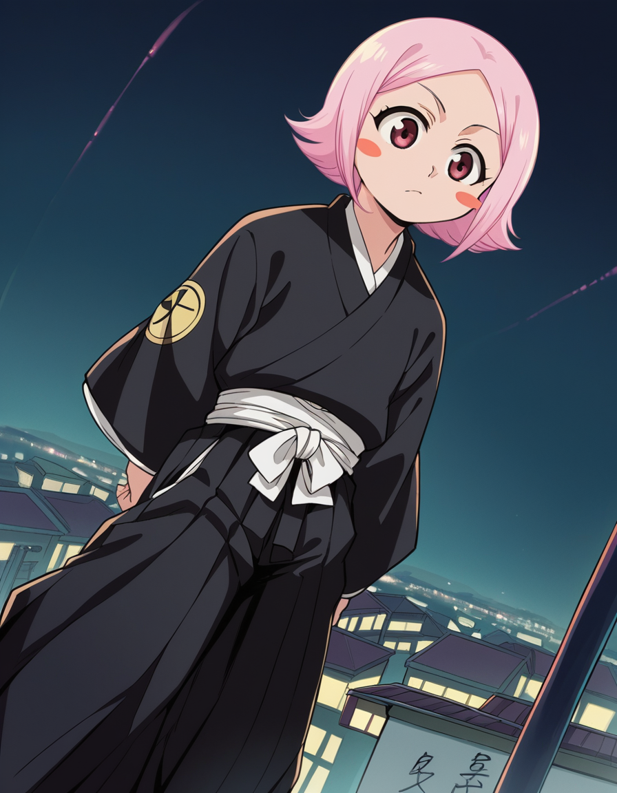 score_9, score_8_up, score_7_up, source_anime, <lora:yachiru-kusajishi-anime-ponyxl-lora-nochekaiser:1>, yachiru kusajishi, short hair, pink hair, pink eyes, blush stickers, forehead,, long sleeves, japanese clothes, hakama, black hakama,, city skyline, rooftop view, night time, city lights, quiet reflection, , , foot crossed over, hand behind back, knee bent, solo,, cowboy shot, dutch angle