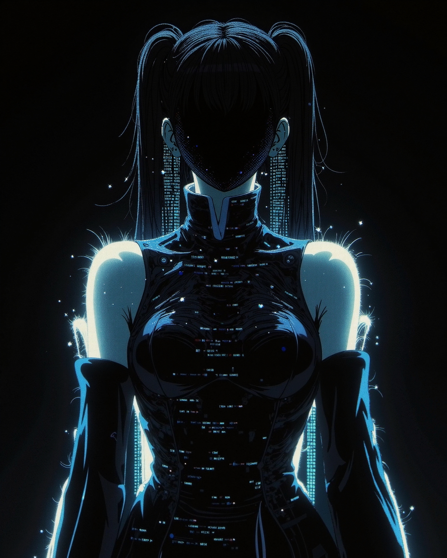 haunting upper body portrait of a hatsune miku, pigtails, wearing her iconic dress, her form partially dematerializing into streams of digital code and light particles. Her silhouette is regal, with high collar elements suggesting authority. The "face" is a void, yet hints of a powerful consciousness within the data stream.