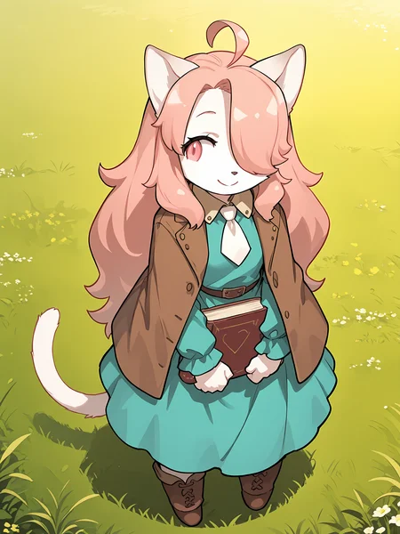 BREAK, <lora:Hanna_Fondant:1>, hanna fondant, fuga: melodies of steel, kemono, furry female, young female, 1girl, cat girl, white fur, pink eyes, pink hair, long hair, ahoge, hair over one eye, animal ears, cat ears, cat tail,
BREAK, Fuga 2 Outfit, brown shoes, white pants, teal dress, brown open jacket, white necktie,
BREAK, solo, outside, grass, standing, closed mouth, holding book, confident, smile, looking away, narrowed eyes, determined,