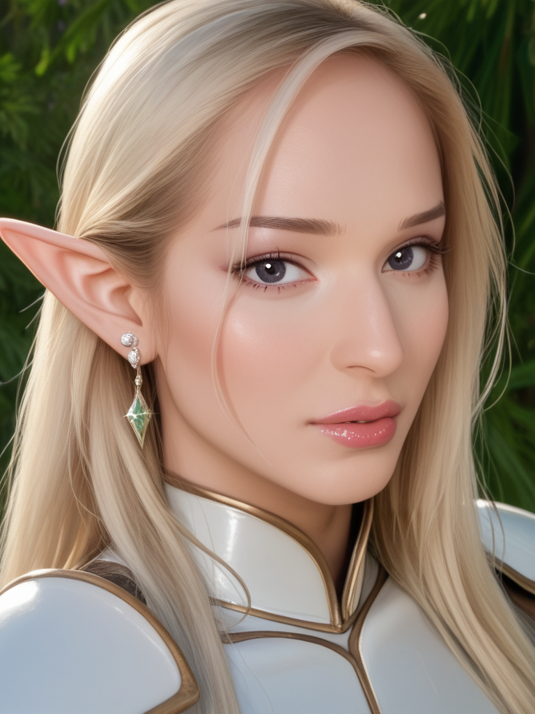 face focused, magic hour, photography, warm light, sunset, movie still, ultra detailed, portrait, BREAK
score_9, score_8_up, score_7_up, Khlo3H4rt, Khloe Hart, <lora:Khlo3H4rt-pony:1>,   1girl, solo, (blonde hair), (olive skin), portrait, shiny lipgloss, lips, vintage aesthetic, elf, elf ears, white armor, diadem, solo, blush, looking at viewer, bokeh, focus, film, velvia, film grain, best quality, photograph, focus, earrings, garden