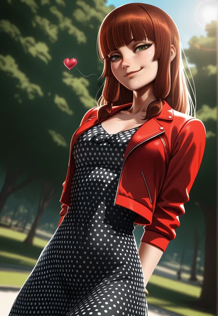 1girl,,by j.k:0.6, by hoshi san 3:0.1, artist:Sakimichan:0.2, artist:Sciamano240:0.3, /(by Theobrobine/), Lila_Rossi, Lila_Rossi, blunt bangs, bracelet, brown hair, green eyes, pigtails, long hair, polka dot dress, red jacket, absolutely eye-catching, bokhe, blurry background, hands behind back, head tilted, smirk, smile, closed mouth, detailed background, narrow eyes, dutch angle, floating heart, mischievous, park background, backlight, sunlight, dynamic angle,depth of field, cinematic,(masterpiece, best quality), safe, amazing quality, very aesthetic, absurdres, highres, newest, <lora:Lila_Rossi_IL_v2:1>, <lora:Theobrobine:0.5>